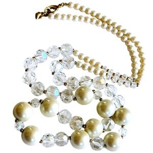 VTG Carolee‎ Signed Necklace Pearl Aurora Borealis Crystal Beads Luxury 90s 32"